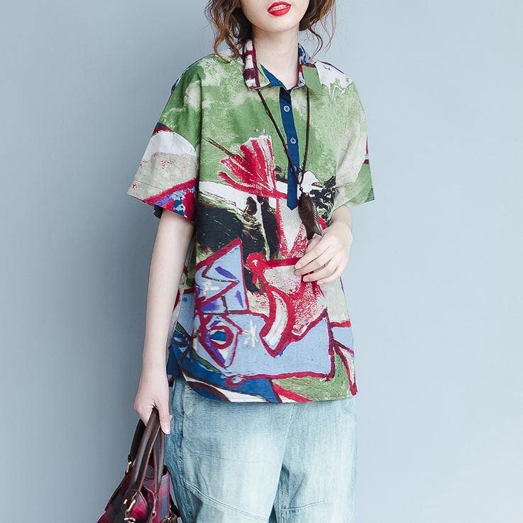 stylish floral Midi linen pullovercasual linen clothing tops2018 shirt collar short sleeve clothing - Omychic