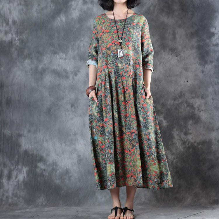 stylish floral  linen maxi dress plus size patchwork linen gown top quality pleated gown - Omychic