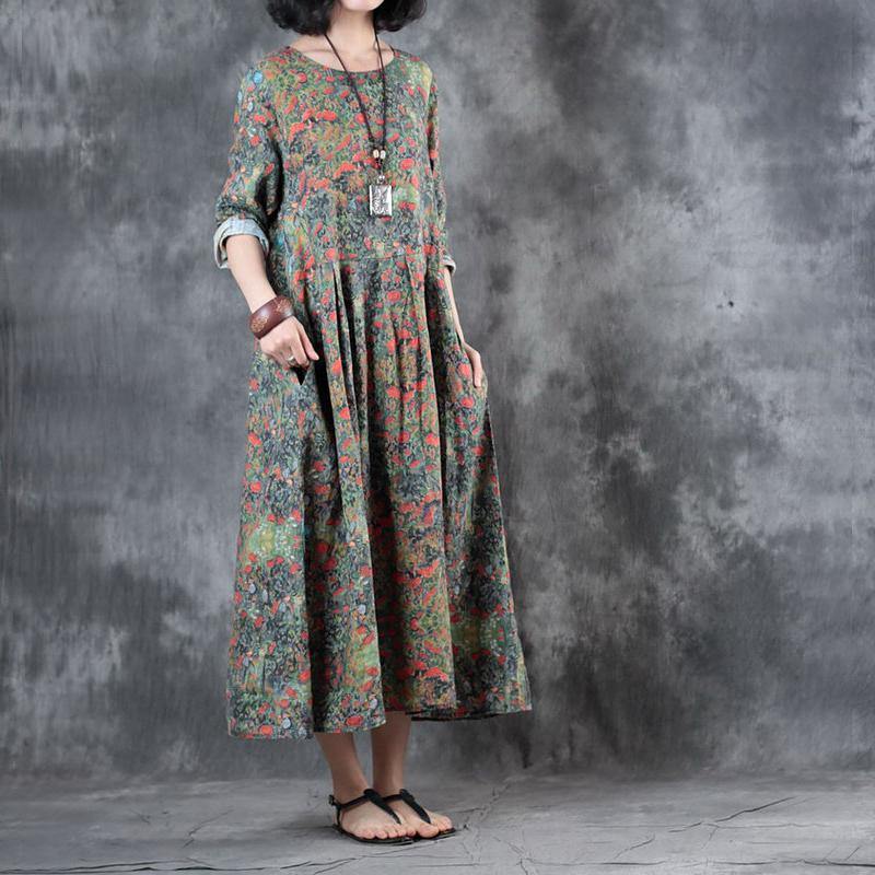 stylish floral  linen maxi dress plus size patchwork linen gown top quality pleated gown - Omychic