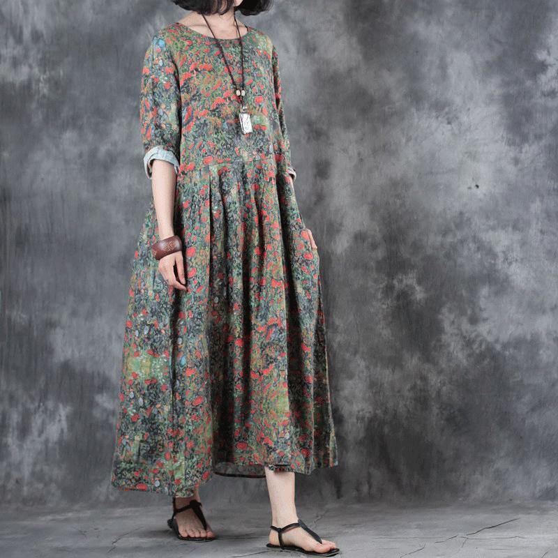 stylish floral  linen maxi dress plus size patchwork linen gown top quality pleated gown - Omychic