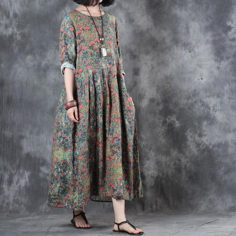 stylish floral  linen maxi dress plus size patchwork linen gown top quality pleated gown - Omychic