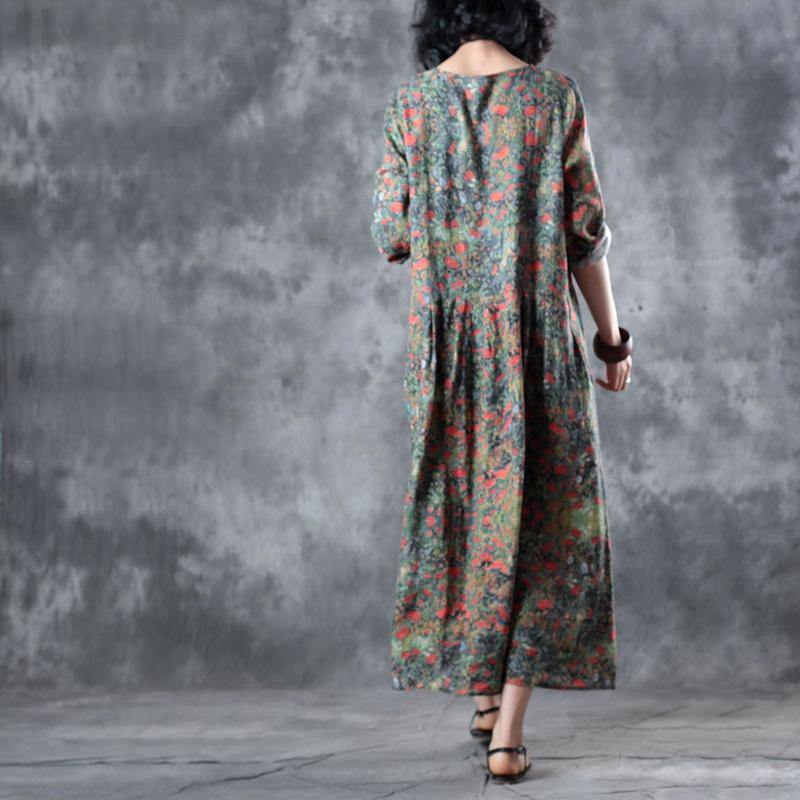stylish floral  linen maxi dress plus size patchwork linen gown top quality pleated gown - Omychic