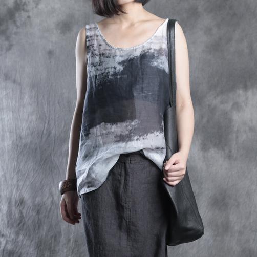 stylish gray prints linen tops trendy plus size linen clothing blouses women o neck sleeveless linen tops - Omychic