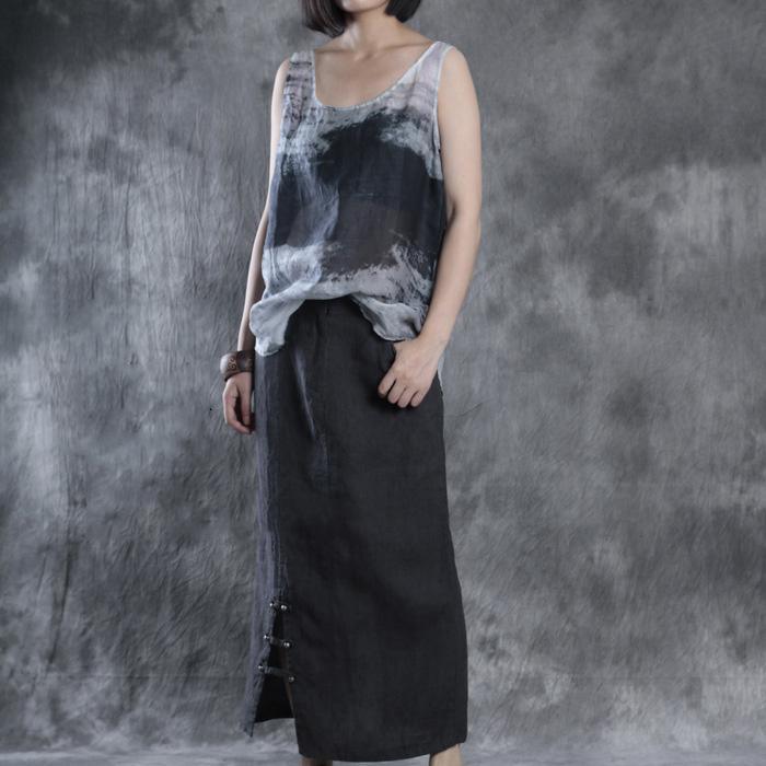 stylish gray prints linen tops trendy plus size linen clothing blouses women o neck sleeveless linen tops - Omychic