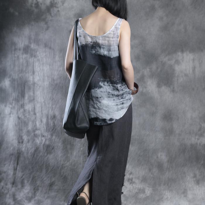 stylish gray prints linen tops trendy plus size linen clothing blouses women o neck sleeveless linen tops - Omychic