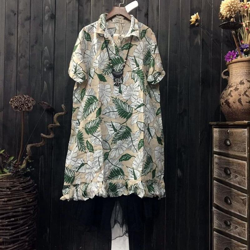 stylish green Midi cotton dresses plus size linen clothing dress boutique ruffles prints knee dresses - Omychic