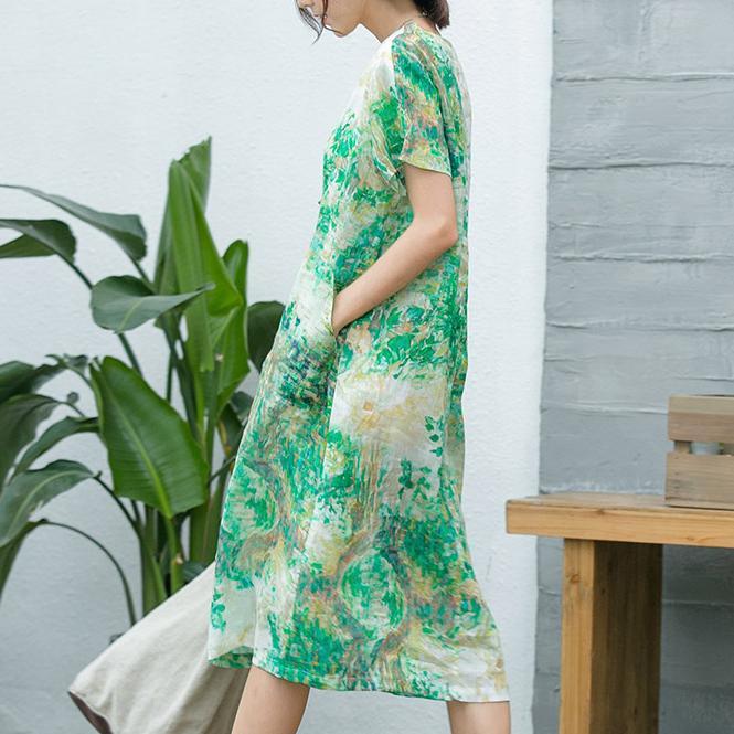 stylish green linen dress plus size clothing traveling clothing 2018 o neck prints cotton dress - Omychic