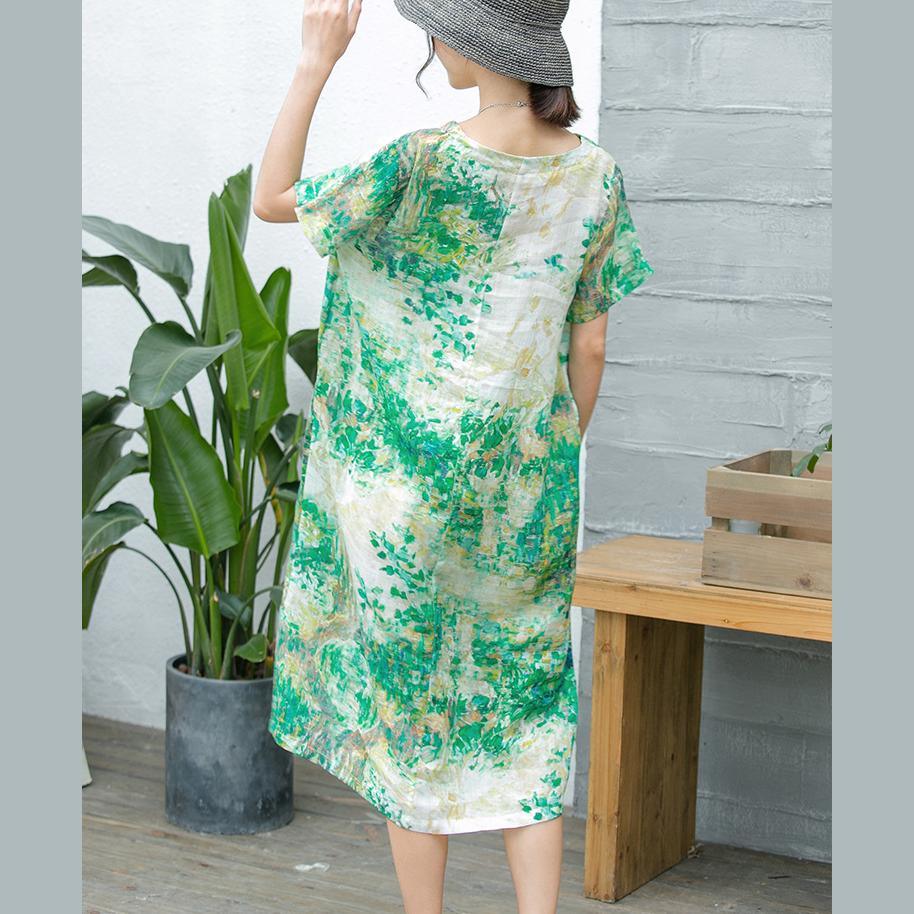 stylish green linen dress plus size clothing traveling clothing 2018 o neck prints cotton dress - Omychic