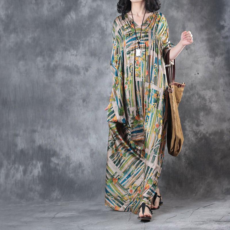 stylish green prints summer dress v neck gown drawstring maxi dresses - Omychic