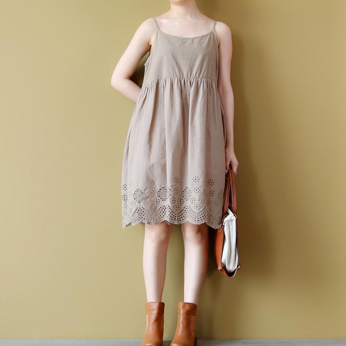 stylish khaki Midi cotton dresses oversized holiday dresses Elegant sleeveless hollow out cotton dress - Omychic