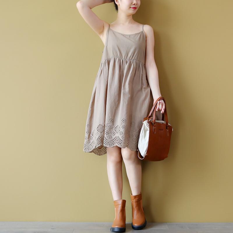 stylish khaki Midi cotton dresses oversized holiday dresses Elegant sleeveless hollow out cotton dress - Omychic