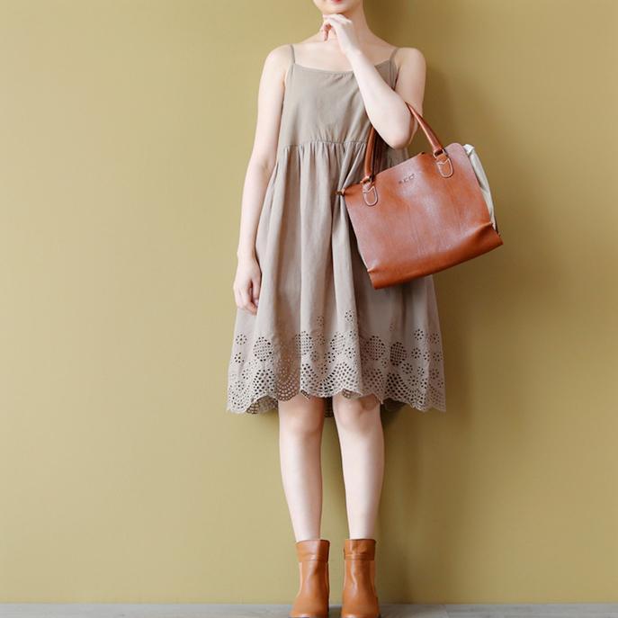 stylish khaki Midi cotton dresses oversized holiday dresses Elegant sleeveless hollow out cotton dress - Omychic