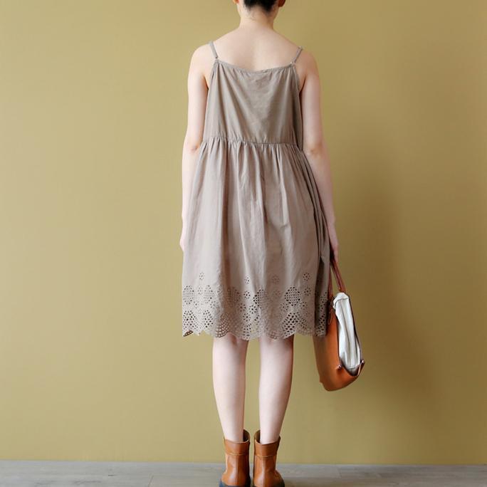 stylish khaki Midi cotton dresses oversized holiday dresses Elegant sleeveless hollow out cotton dress - Omychic