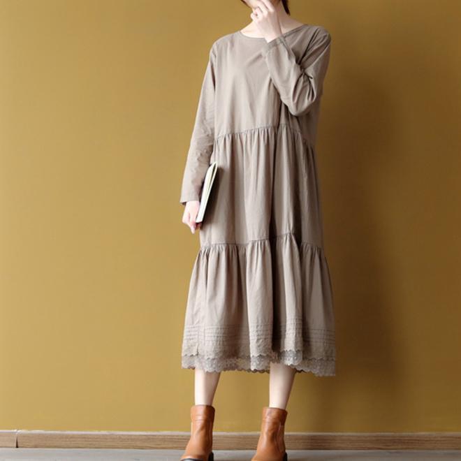 Stylish Khaki Cotton Caftans Oversized Patchwork Gown Vintage Embroidery Kaftans - Omychic