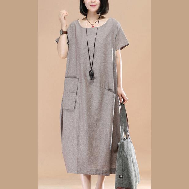 Stylish Khaki Linen Shift Dress Plussize Traveling Dress Women Asymmetric Short Sleeve Cotton Dresses - Omychic