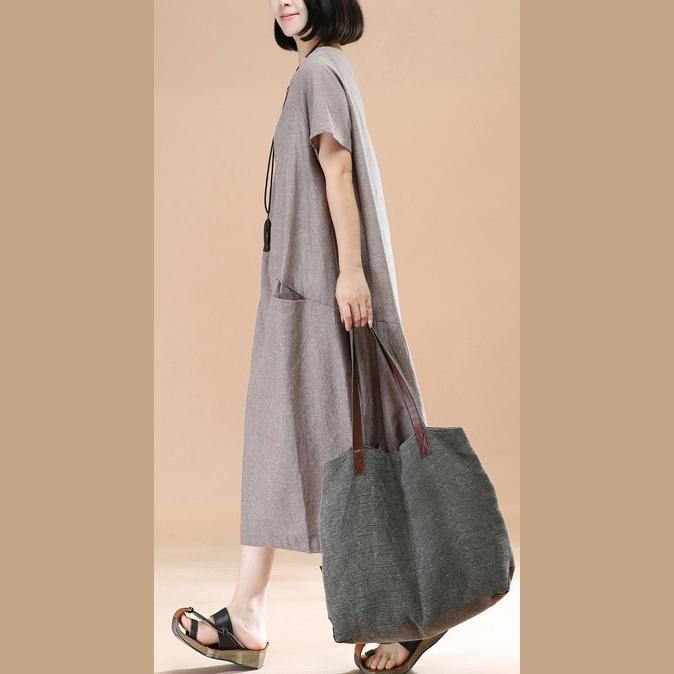 Stylish Khaki Linen Shift Dress Plussize Traveling Dress Women Asymmetric Short Sleeve Cotton Dresses - Omychic