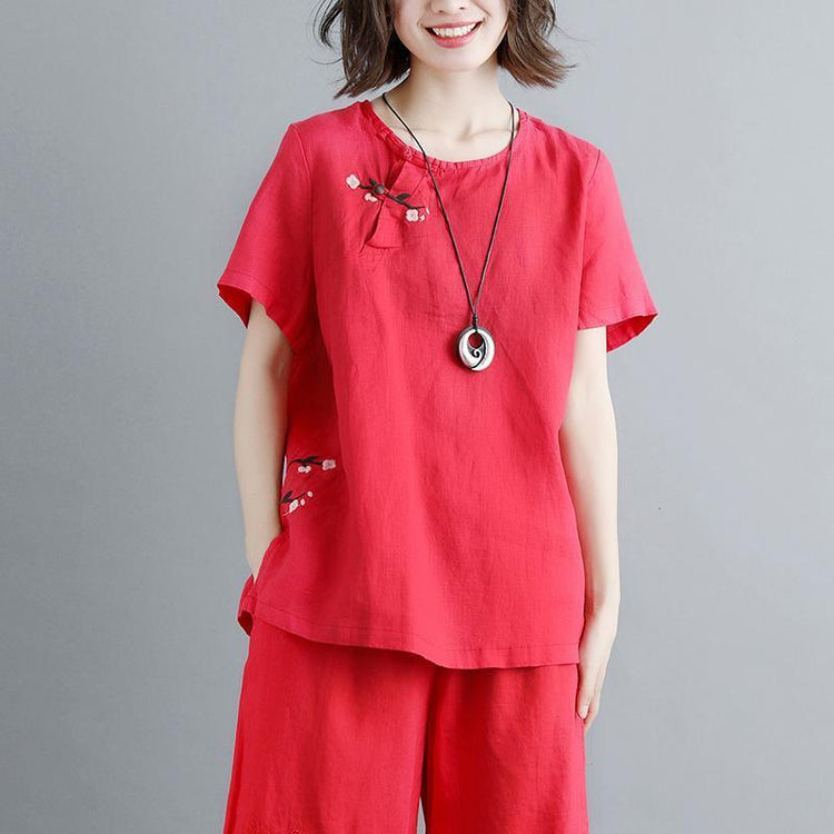 stylish linen blouse plus size clothing Embroidery Summer Short Sleeve Red Casual Flower Tops - Omychic
