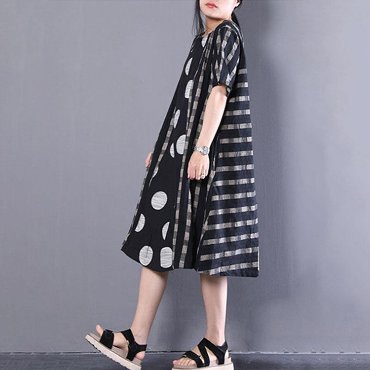 stylish linen dress casual Loose Splicing Dots Short Sleeve Stripe Black Dress - Omychic