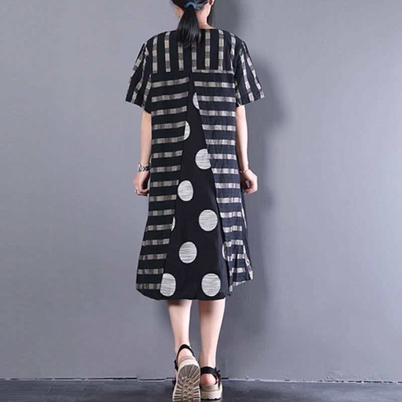 stylish linen dress casual Loose Splicing Dots Short Sleeve Stripe Black Dress - Omychic
