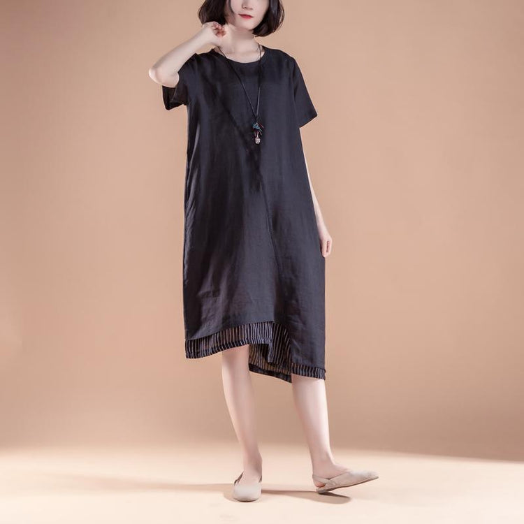 stylish linen dresses plus size clothing Short Sleeve Fake Two-piece Summer Casual Black Dress - Omychic