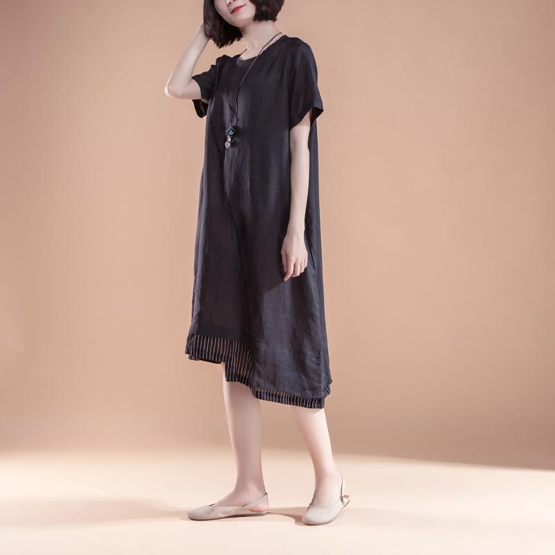 stylish linen dresses plus size clothing Short Sleeve Fake Two-piece Summer Casual Black Dress - Omychic