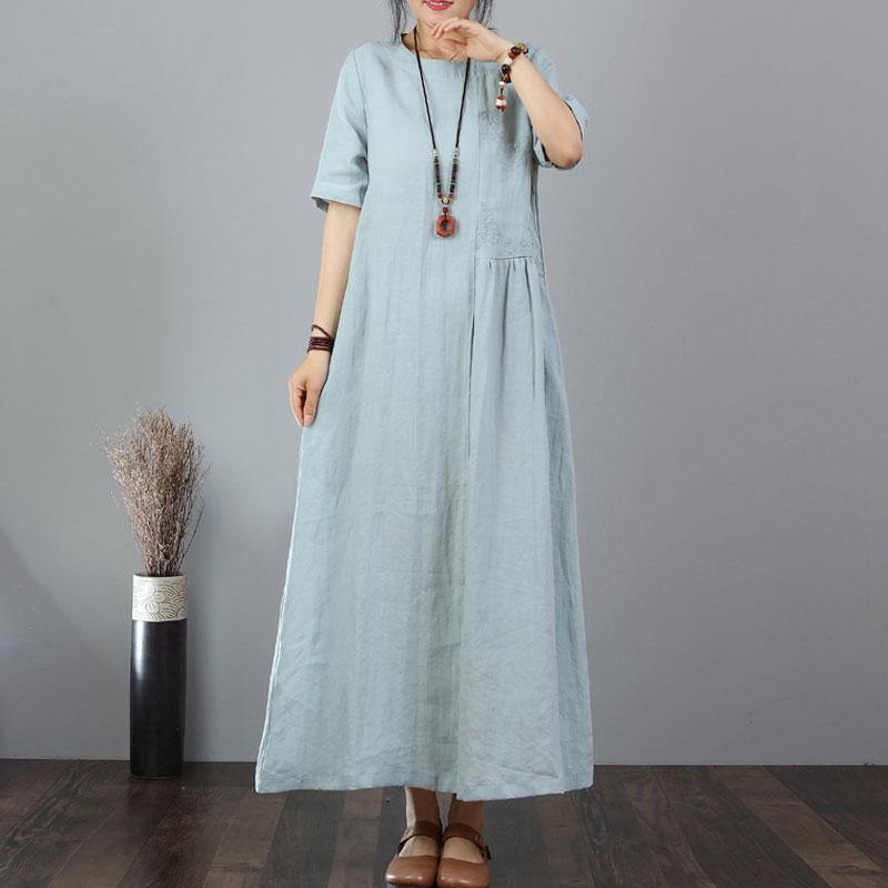 stylish linen dresses trendy plus size Embroidery Cotton Linen Short Sleeve Blue Long Dress - Omychic