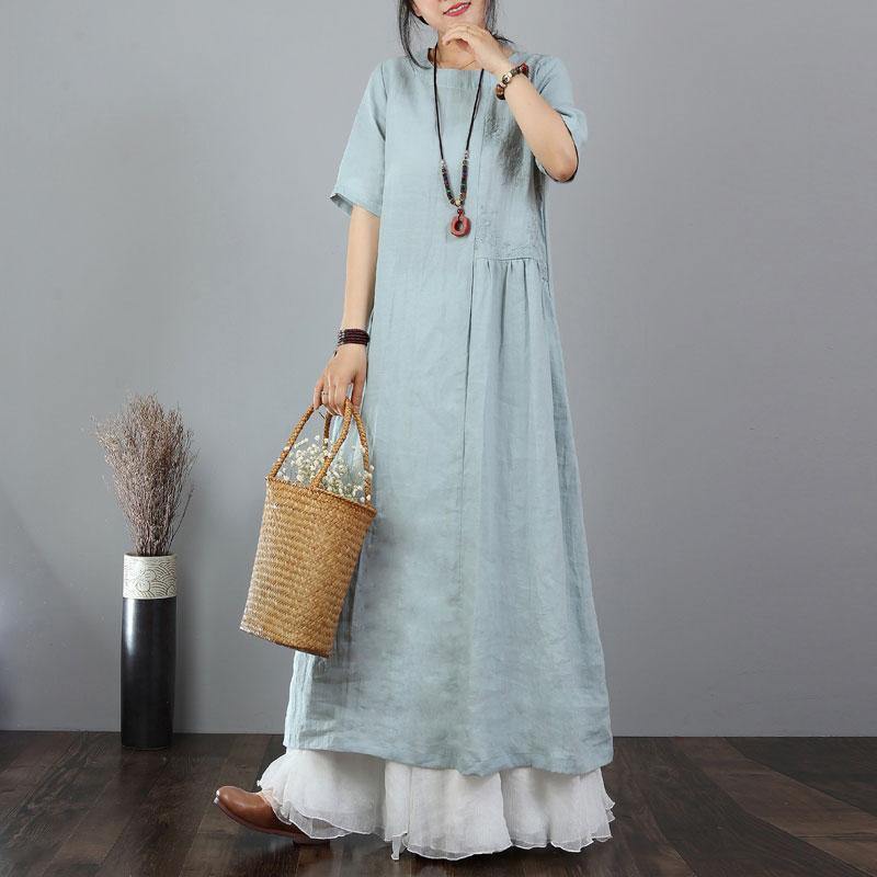 stylish linen dresses trendy plus size Embroidery Cotton Linen Short Sleeve Blue Long Dress - Omychic