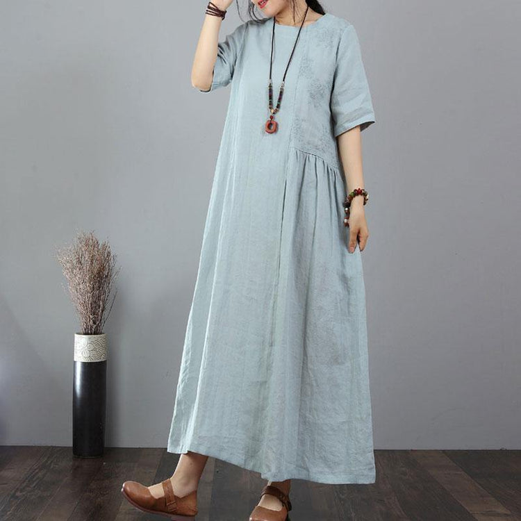 stylish linen dresses trendy plus size Embroidery Cotton Linen Short Sleeve Blue Long Dress - Omychic