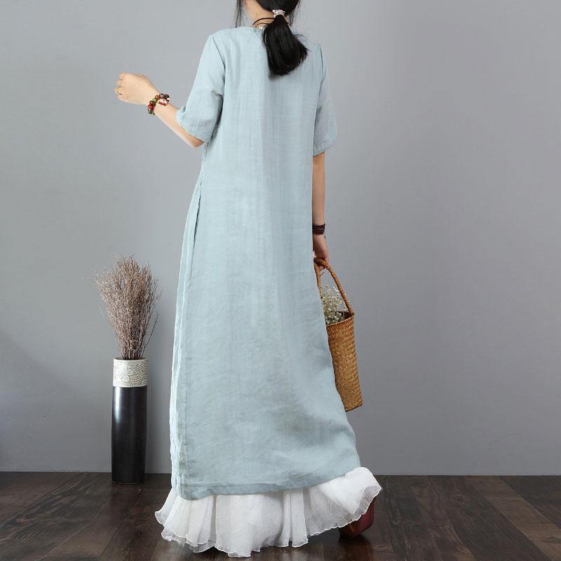 stylish linen dresses trendy plus size Embroidery Cotton Linen Short Sleeve Blue Long Dress - Omychic