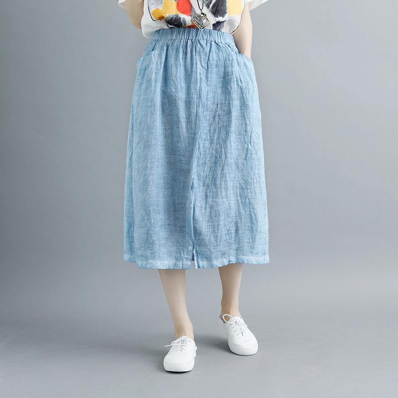stylish linen knee skirt plus size Casual Slit Literary Pockets Long Blue Skirt - Omychic