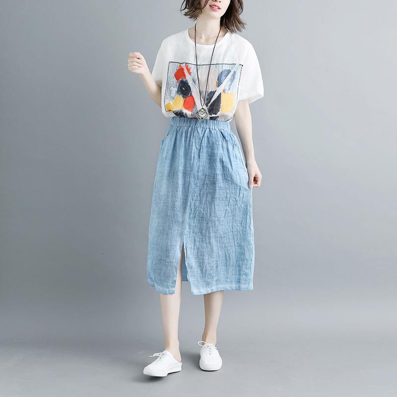 stylish linen knee skirt plus size Casual Slit Literary Pockets Long Blue Skirt - Omychic