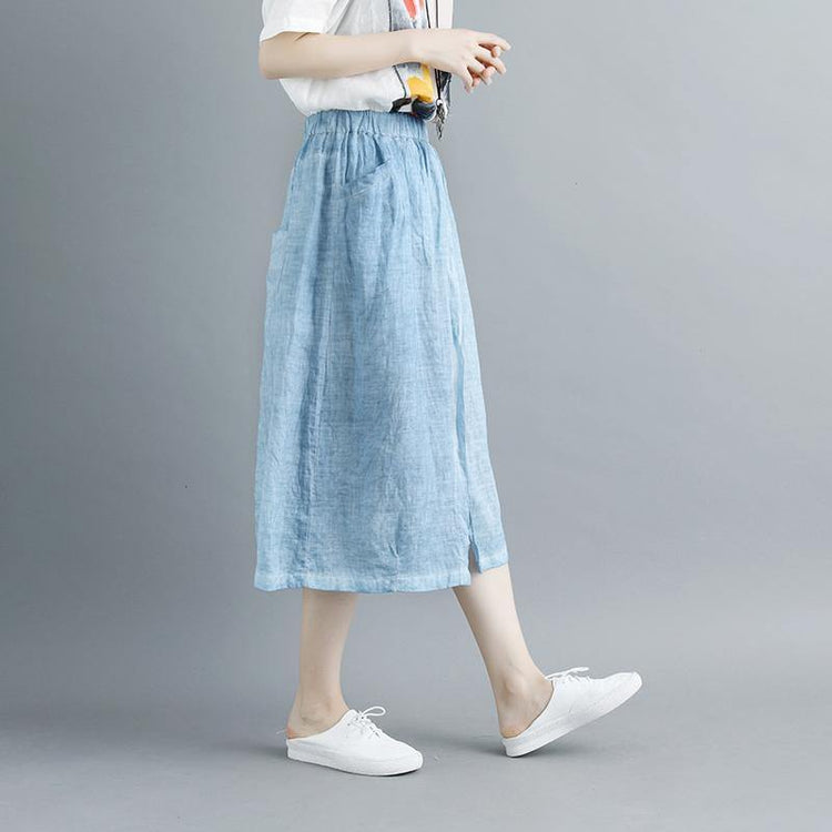 stylish linen knee skirt plus size Casual Slit Literary Pockets Long Blue Skirt - Omychic