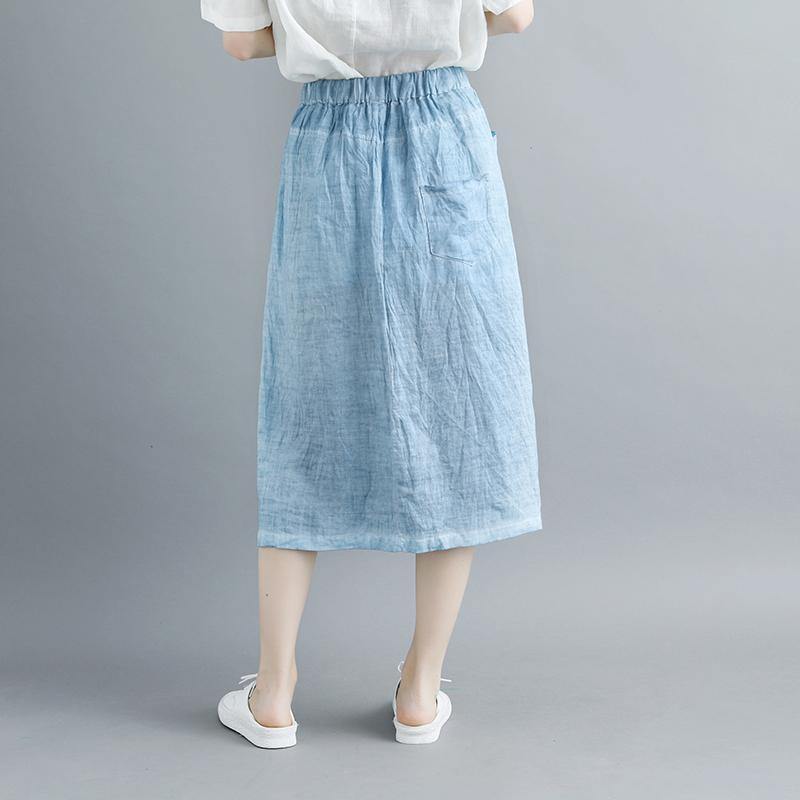 stylish linen knee skirt plus size Casual Slit Literary Pockets Long Blue Skirt - Omychic