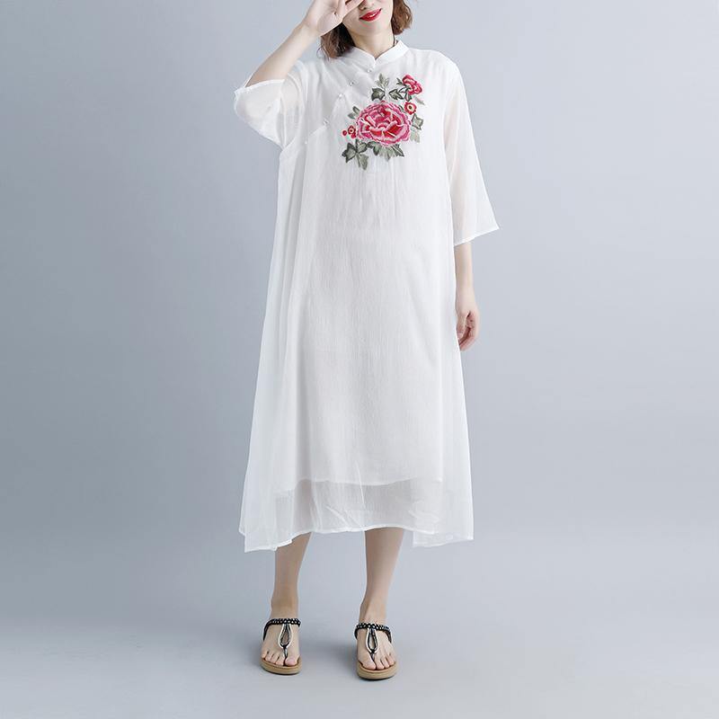 stylish long cotton dresses plus size Summer Fake Two-piece Pockets Retro White Dress - Omychic