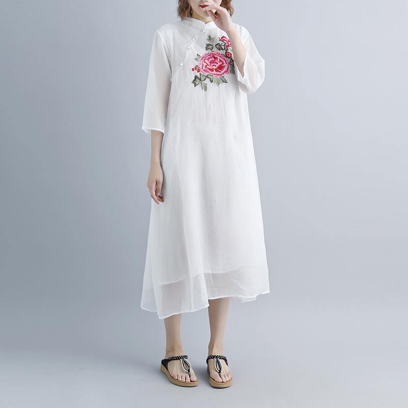 stylish long cotton dresses plus size Summer Fake Two-piece Pockets Retro White Dress - Omychic