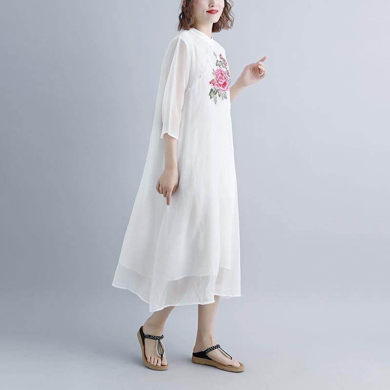 stylish long cotton dresses plus size Summer Fake Two-piece Pockets Retro White Dress - Omychic