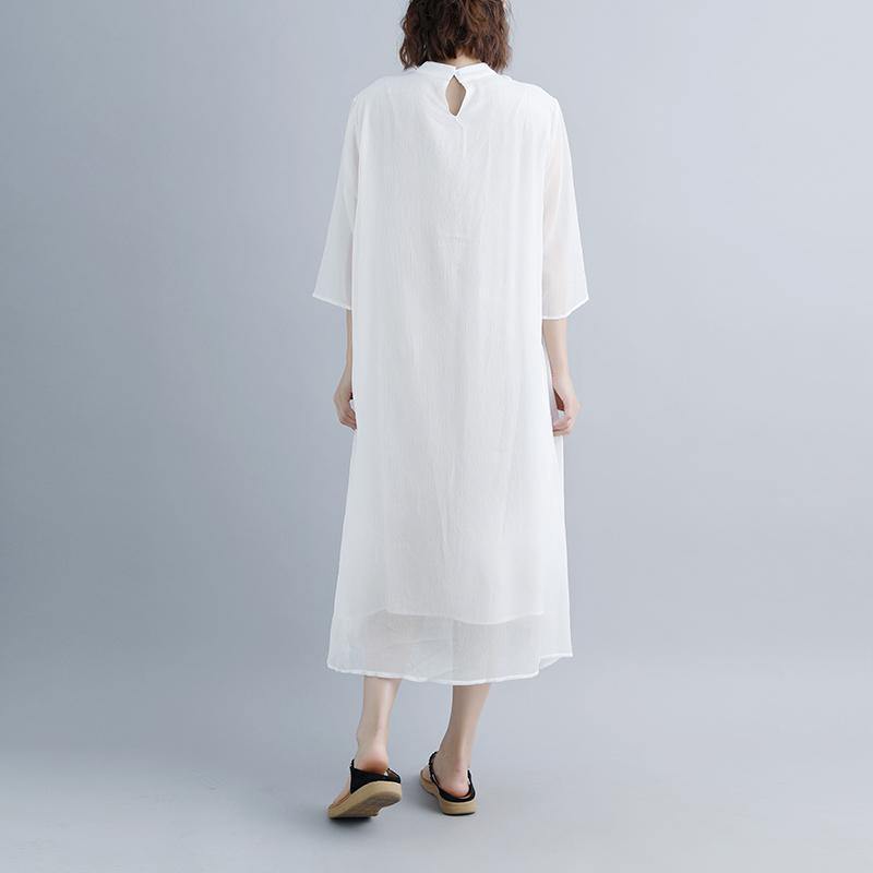 stylish long cotton dresses plus size Summer Fake Two-piece Pockets Retro White Dress - Omychic