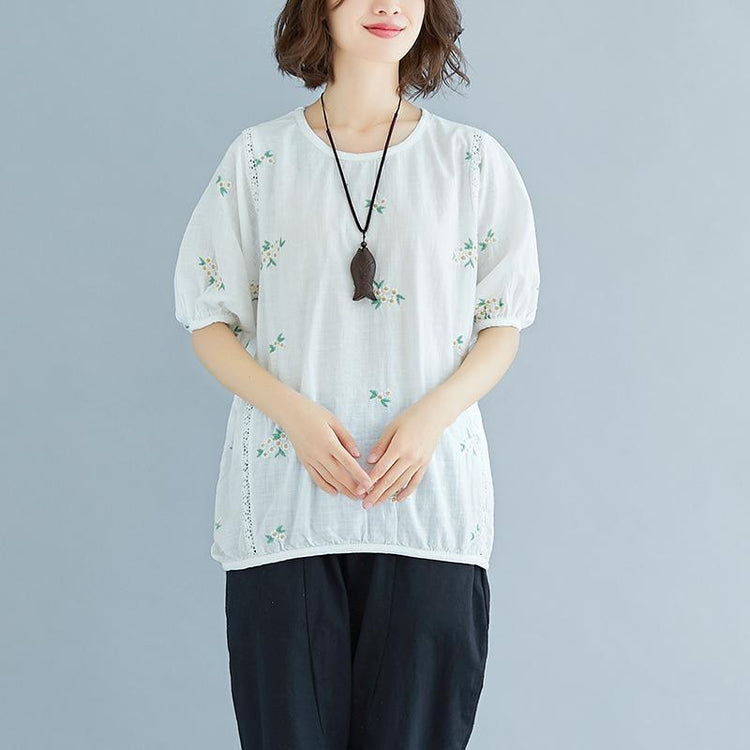 stylish natural linen t shirt plus size Flower Embroidery Summer Short Sleeve White Blouse - Omychic
