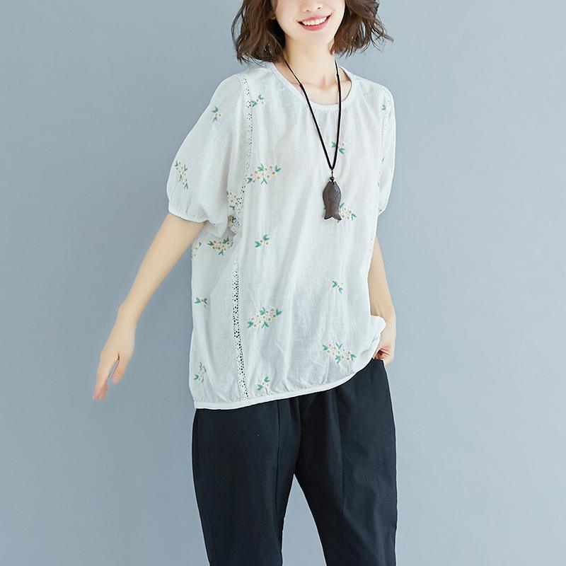 stylish natural linen t shirt plus size Flower Embroidery Summer Short Sleeve White Blouse - Omychic