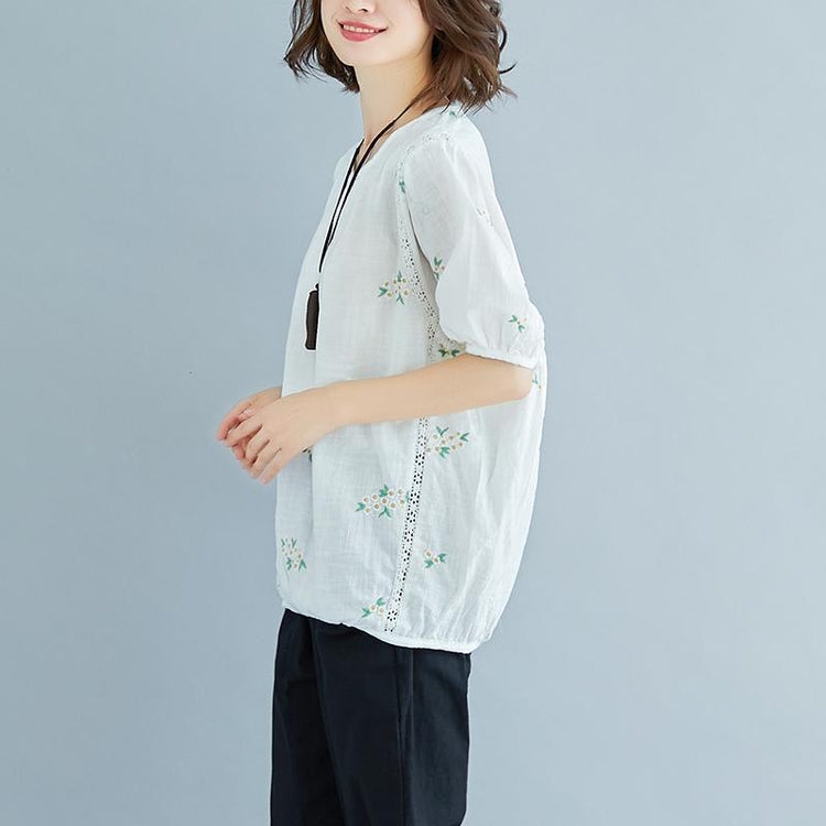 stylish natural linen t shirt plus size Flower Embroidery Summer Short Sleeve White Blouse - Omychic