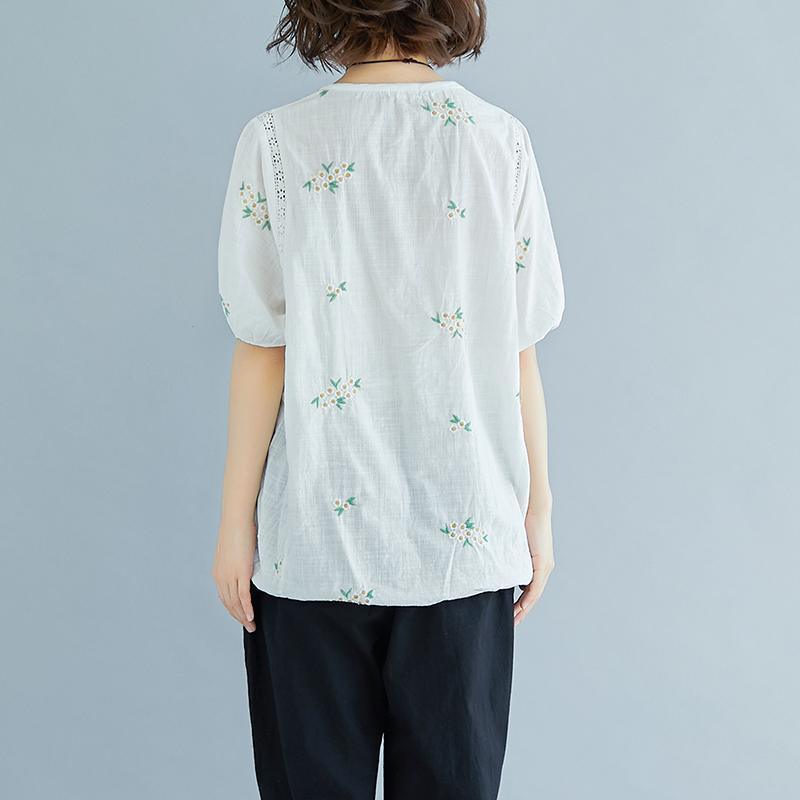 stylish natural linen t shirt plus size Flower Embroidery Summer Short Sleeve White Blouse - Omychic