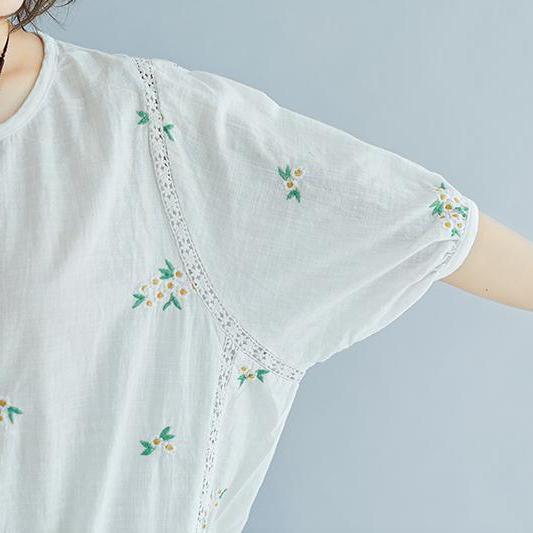 stylish natural linen t shirt plus size Flower Embroidery Summer Short Sleeve White Blouse - Omychic