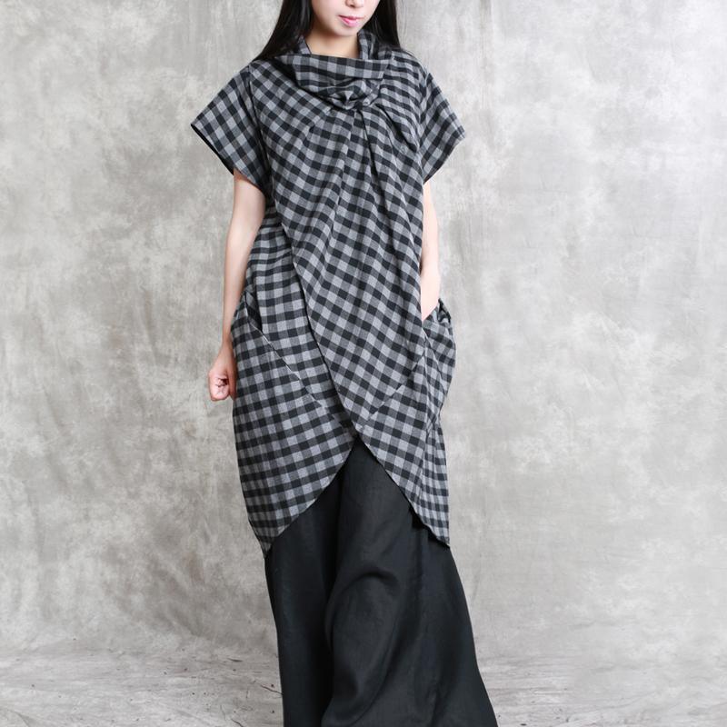 stylish plaid cotton tops plus size cotton maxi t shirts 2018 short sleeve asymmetric cotton shirts - Omychic