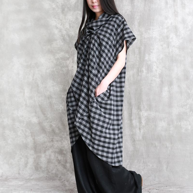 stylish plaid cotton tops plus size cotton maxi t shirts 2018 short sleeve asymmetric cotton shirts - Omychic