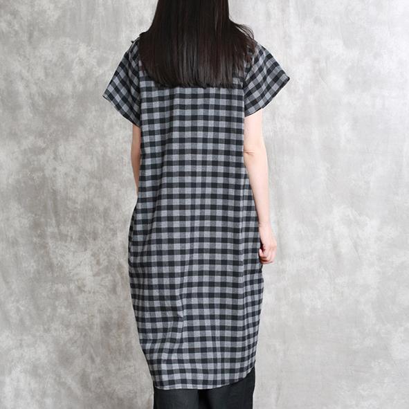 stylish plaid cotton tops plus size cotton maxi t shirts 2018 short sleeve asymmetric cotton shirts - Omychic