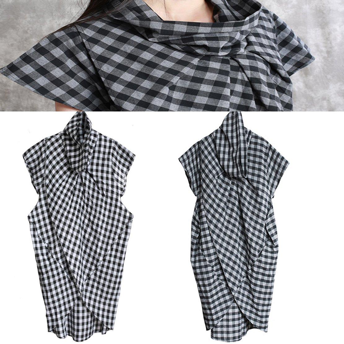 stylish plaid cotton tops plus size cotton maxi t shirts 2018 short sleeve asymmetric cotton shirts - Omychic