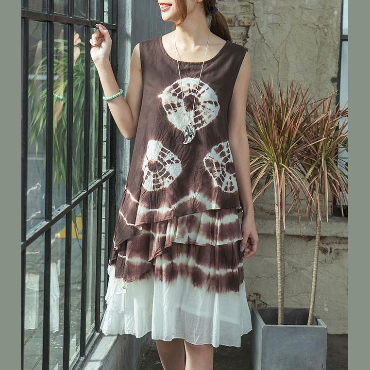 stylish prints linen knee dress trendy plus size traveling dress boutique layered sleeveless linen clothing dresses - Omychic
