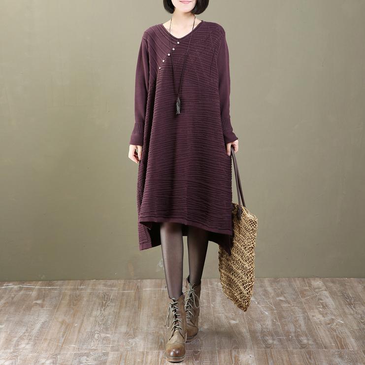 stylish purple knit dresses Loose fitting pullover Elegant asymmetrical long knit sweaters - Omychic