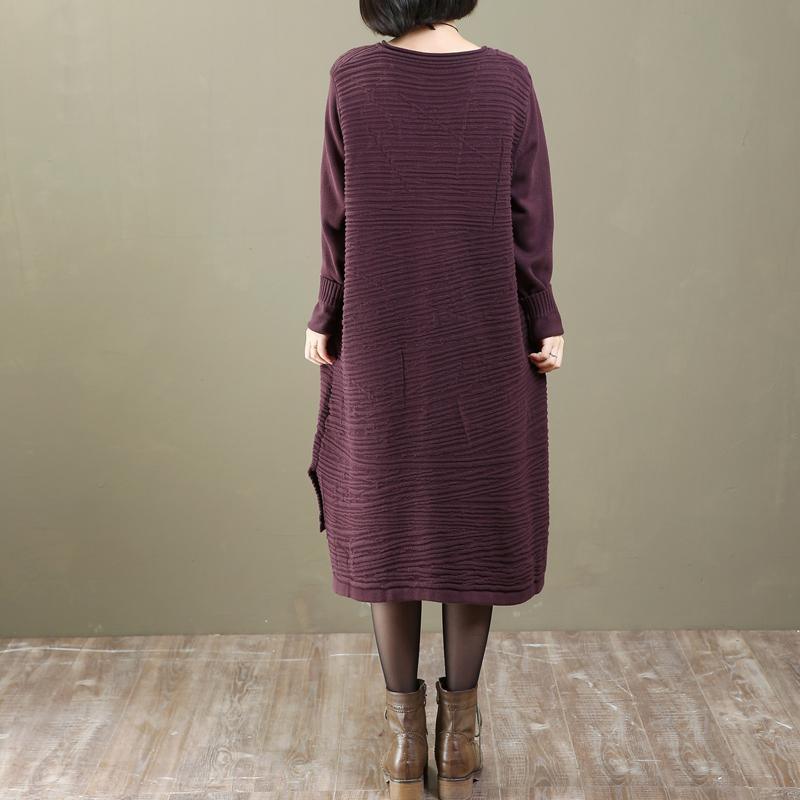 stylish purple knit dresses Loose fitting pullover Elegant asymmetrical long knit sweaters - Omychic