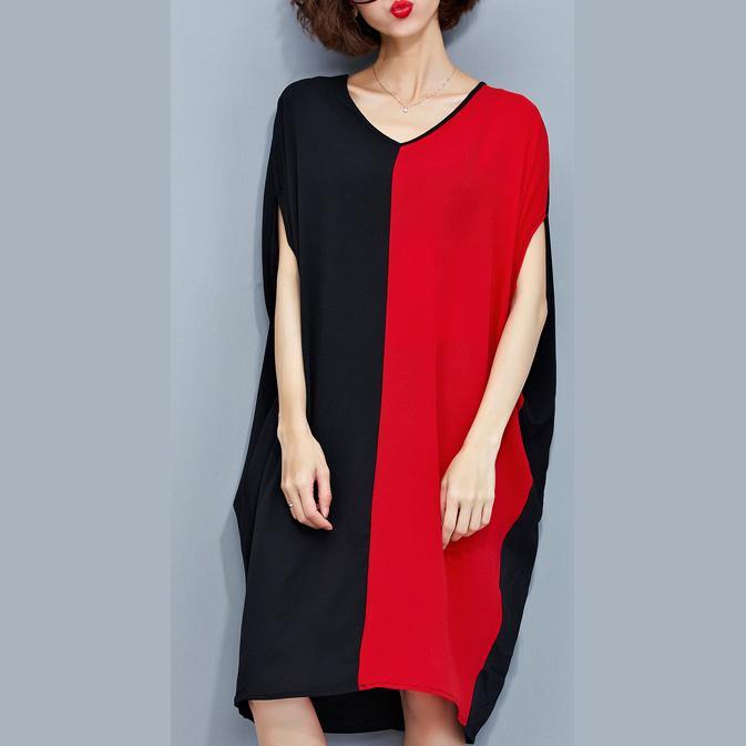 stylish red black patchwork chiffon polyester dresses trendy plus size traveling clothing top quality batwing sleeve clothing - Omychic